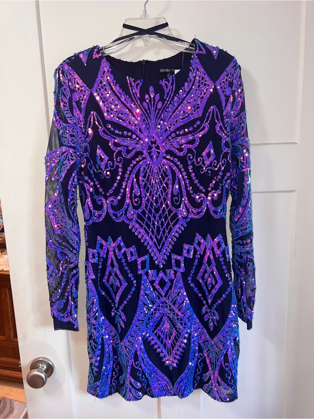 Blondie Nites Black Mini Dress with Purple Sequin Embellishment